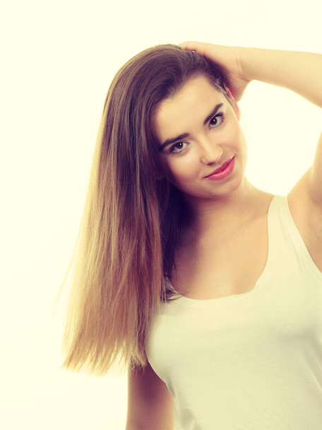 Portrait of young teenager woman with long brown hair - Foto, Imagen