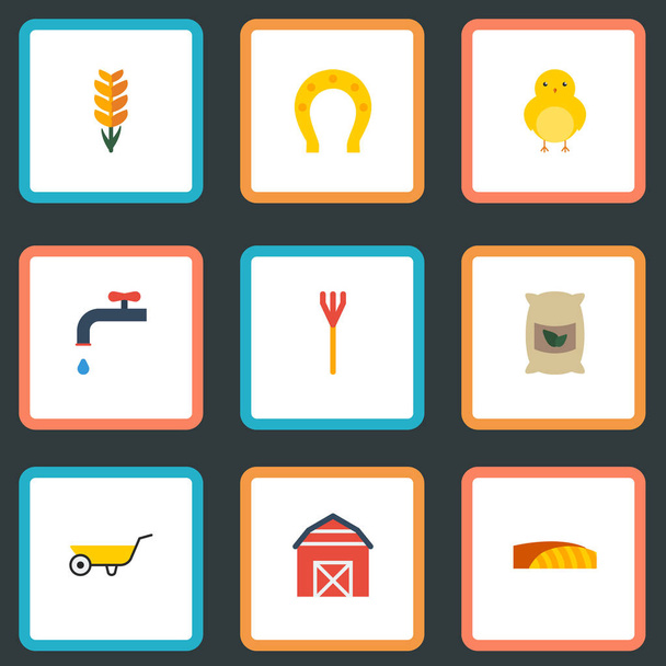 Lapos ikonok gabona, mező, kiskocsit vektor elemek. A betakarítás lapos ikonok szimbólumok is tartalmaz madár, búza, objektumok medál. - Vektor, kép