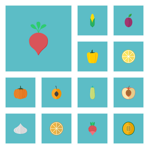 Плоский іконки персика, гарбуз, болгарський Белл і інших елементів векторного. Набір фрукти плоских іконки символи також включає в себе кукурудзи, кабачки, буряк об'єктів. - Вектор, зображення