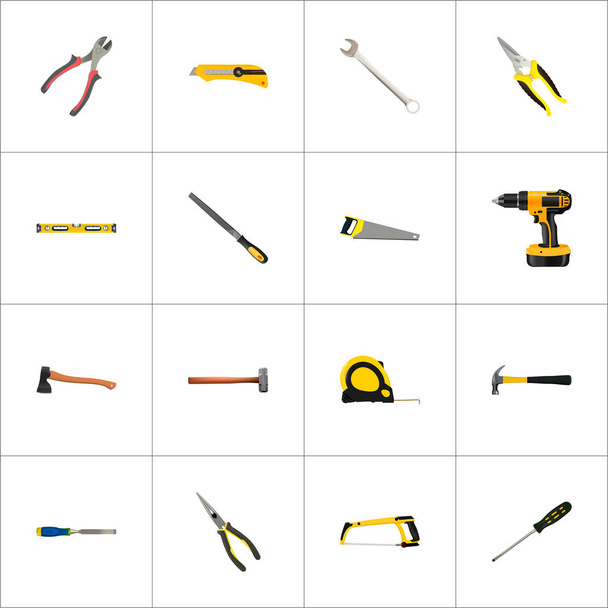 Realistic Carpenter, Spanner, Plumb Ruler And Other Vector Elements. Set Of Instruments Realistic Symbols Also Includes Pliers, Wrench, Roller Objects. - Vector, Image