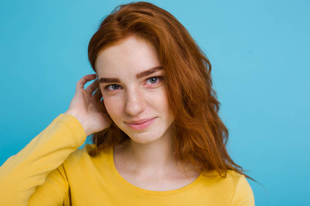 Headshot Portrait of happy ginger red hair girl with freckles sm - Fotó, kép