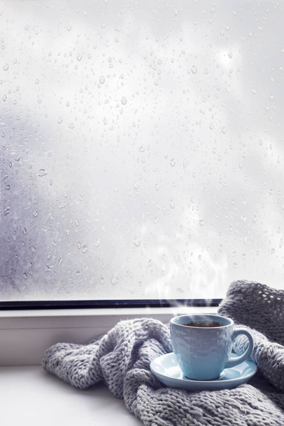 gezellige zachte grijze deken met een kopje koffie - Foto, afbeelding