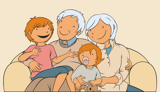 Yaşlı çift, büyükanne ve büyükbaba ve torun, aile portresi, özetlenen vektör çizim - Vektör, Görsel