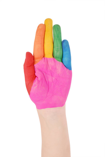 Renkli boyalarla boyanmış çocuk elleri el izlerine hazır. - Fotoğraf, Görsel