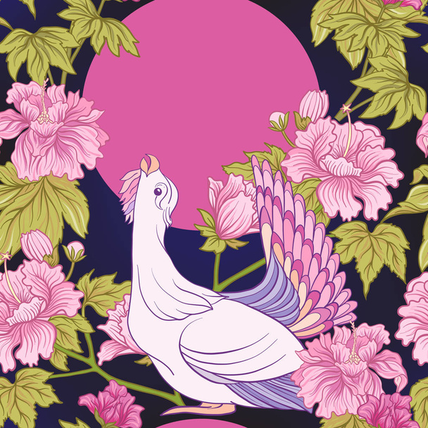 Seamless pattern with pink peony and bird in Japanese style. Vec - Vektori, kuva
