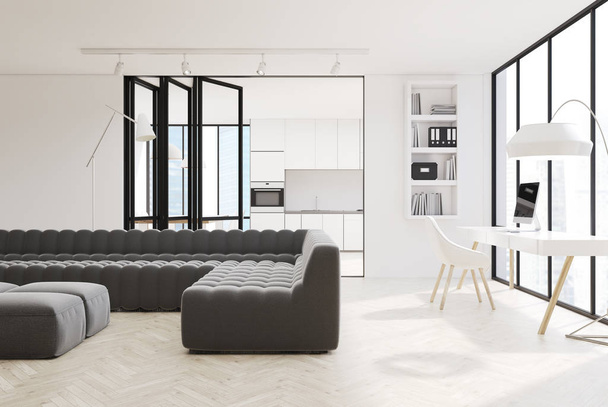 Bílá obývací pokoj interiér, černá pohovky - Fotografie, Obrázek