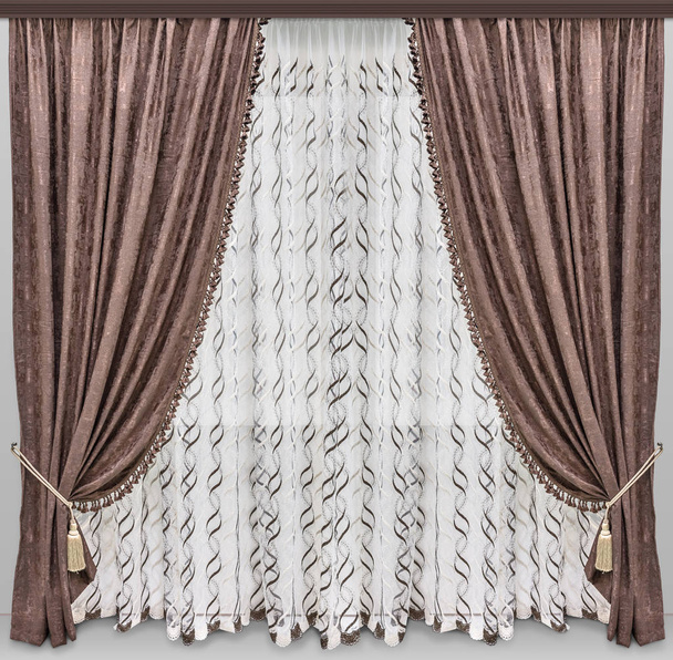 Stylish interior design. A brown, velvet curtains with fringe trim on the edge, straight cornice, translucent tulle with wavy lines. - Photo, Image