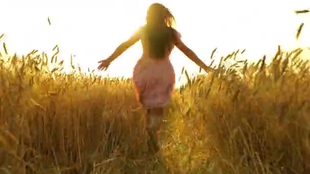 Kaunis tyttö mekossa juoksee pellon poikki.
. - Materiaali, video
