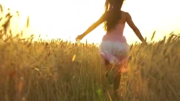 Hübsches Mädchen im Kleid rennt über das Feld. - Filmmaterial, Video