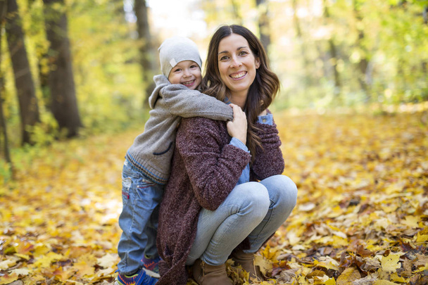 Mother with son in forest in autumn - 写真・画像