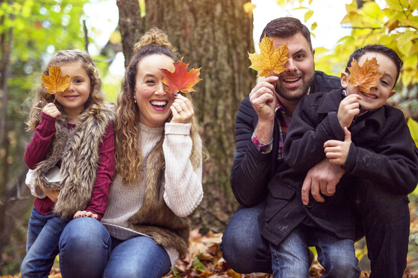 Family of four enjoying golden leaves in autumn park - Фото, изображение