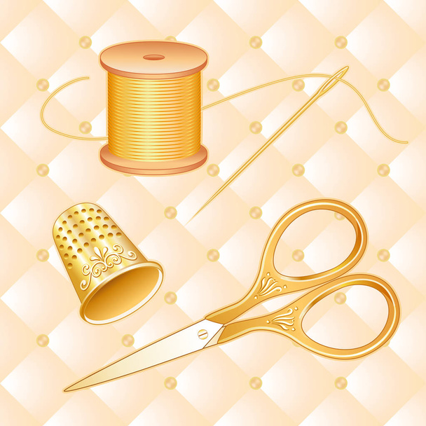 Набор для шитья, ножницы из античного золота, наперсток, игла и резьба на стеганом фоне
 - Вектор,изображение