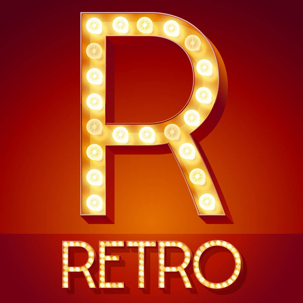 Chic retro vector light up font with glowing lamp. Gold letter R - Vector, imagen