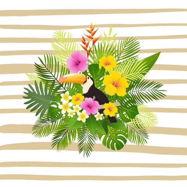 Tropical summer design. Postcard or poster with toucan, palm leaves, tropical plants, flowers. - Διάνυσμα, εικόνα
