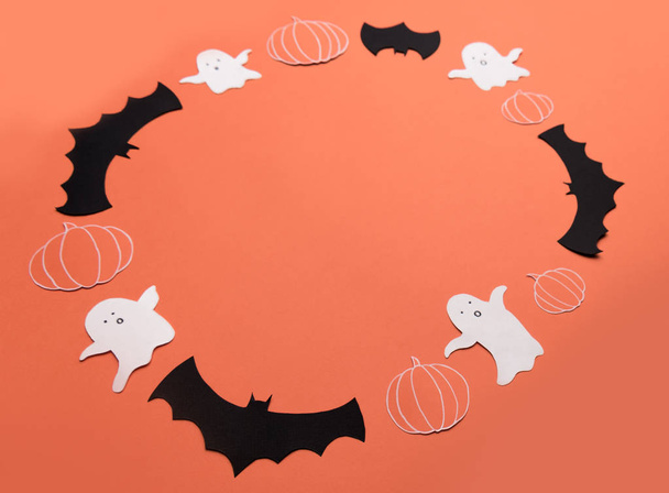 Frame of haloween symbols on red background for logo and text - Fotó, kép