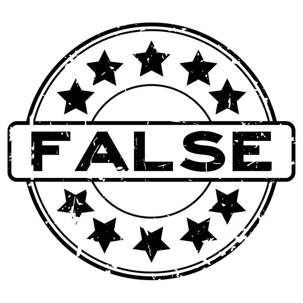 Grunge schwarze falsche Aufschrift mit Sternsymbol runden Gummidichtungsstempel auf weißem Hintergrund - Vektor, Bild
