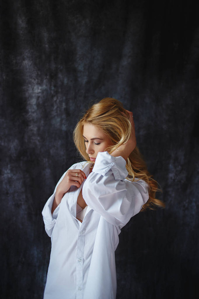 fashion luxury blonde girl in mans shirt - Photo, Image