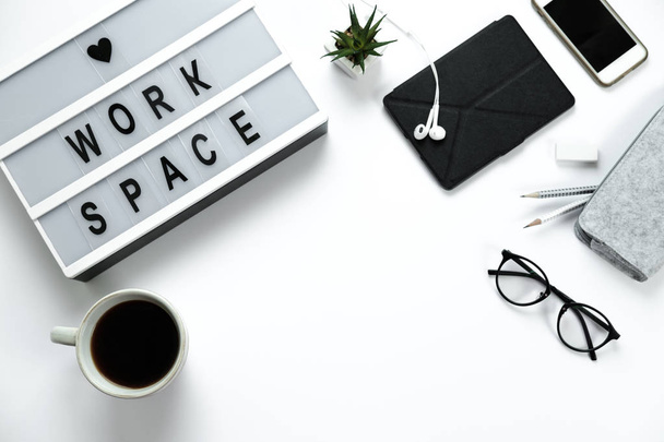Space for text, Stylish hipster white desktop top view, laptop,  - Photo, image
