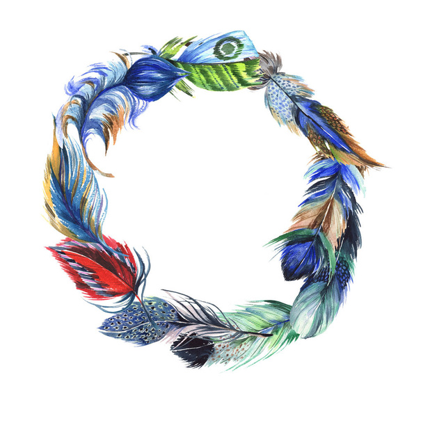 Watercolor bird feather wreath  from wing. - Zdjęcie, obraz