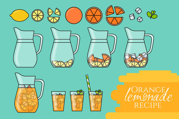 Orange lemonade with citrus slices, ice and meant in jug and glass with straw. Step-by-step instruction. Isolated on color background. - Vector, Image