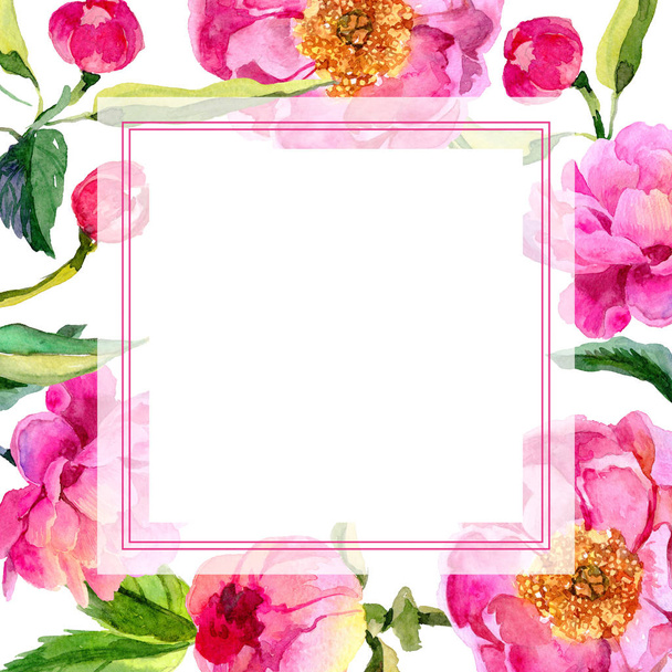 Wildflower peonies flower frame in a watercolor style. - Photo, Image