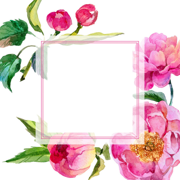 Wildflower peonies flower frame in a watercolor style. - 写真・画像