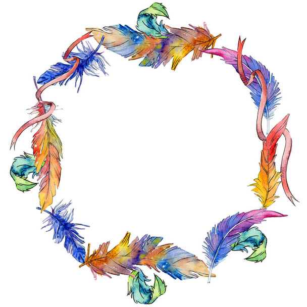 Watercolor bird feather wreath from wing. - Фото, изображение