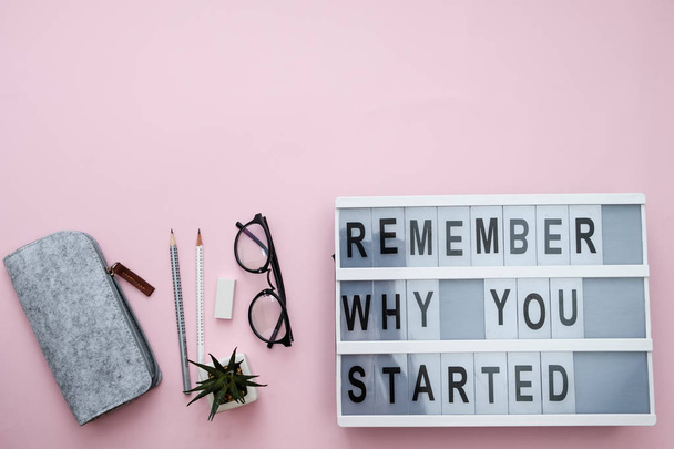 Modern Board with text Remember why you started, plant, phone, s - Foto, imagen