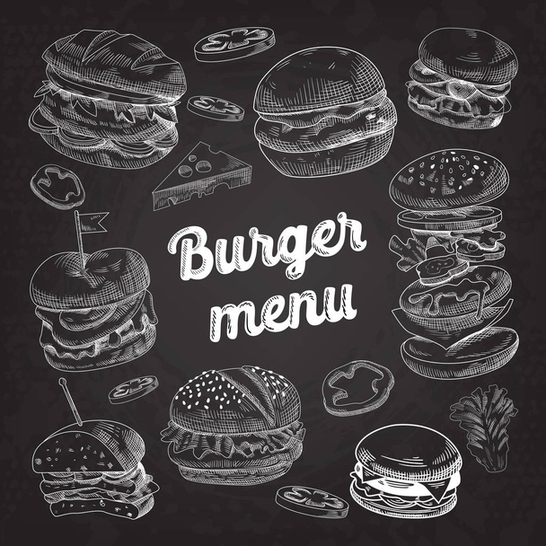 Бургеры ручной работы на доске. Меню быстрого питания с чизбургером, сэндвичем и гамбургером. Векторная иллюстрация
 - Вектор,изображение