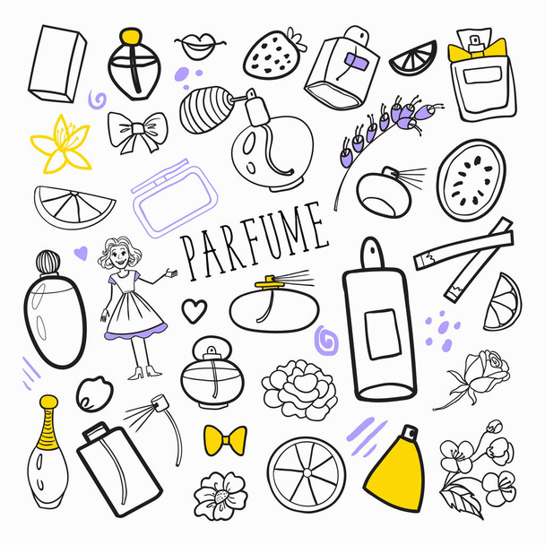 Woman Fashion Hand Drawn Doodle. Perfume Beauty Cosmetics Freehand Set. Vector illustration - Vector, Image