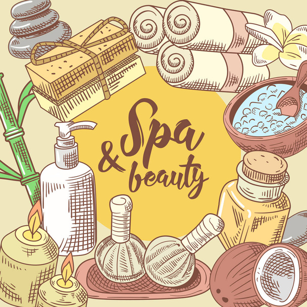 Spa Salon Wellness Beauty Diseño dibujado a mano. Set de elementos de salud de aromaterapia. Tratamiento de la piel. Ilustración vectorial
 - Vector, Imagen