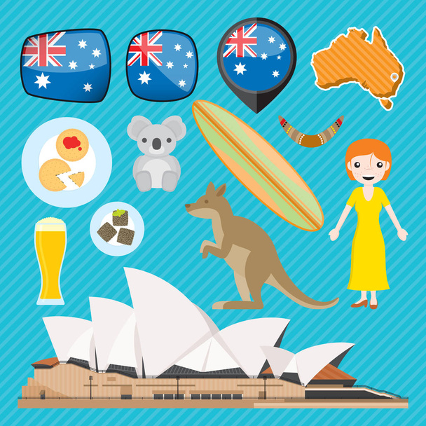 Ícones australianos. Monumento, pessoas, animais, comida, bandeira, mapa
 - Vetor, Imagem