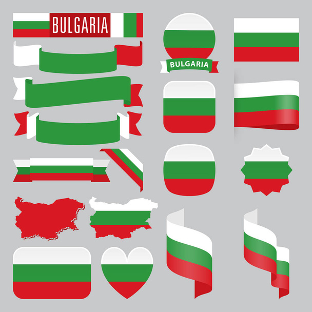ブルガリアのマップ、フラグ、リボン、アイコンと形状の異なるボタンのセット. - ベクター画像