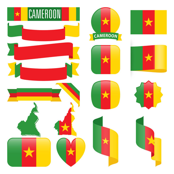 Kamerun térképek, zászlók, szalagok, ikonok és gombok a különböző alakzatok csoportja. - Vektor, kép