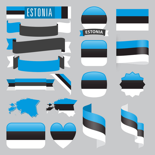 Conjunto de mapas de Estonia, banderas, cintas, iconos y botones con diferentes formas
. - Vector, imagen