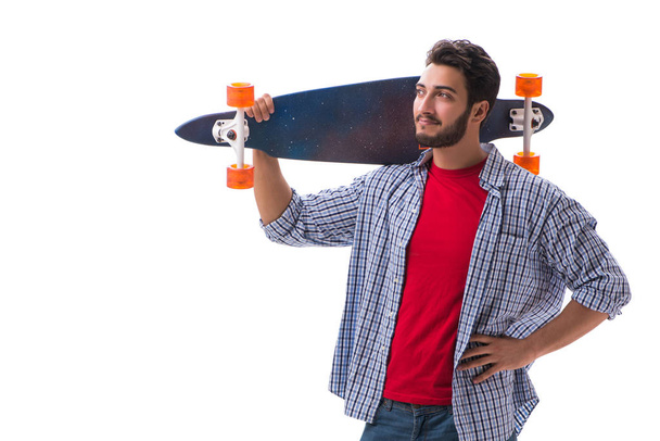 Joven skateboarder con un longboard aislado en blanco - Foto, imagen