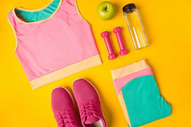 Top view, flat lay. Mockup. Sports and fitness background. - Photo, Image