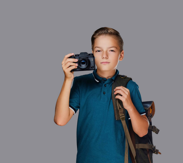 Preschooler boy taking pictures with camera - Photo, Image