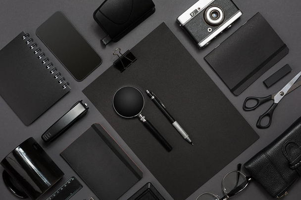 Workplace with office items and business elements on a desk. Concept for branding. Top view. - 写真・画像