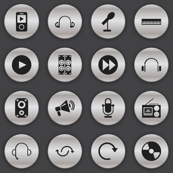 Set Of 16 Editable Melody Icons. Includes Symbols Such As Cassette Player, Disc, Ahead And More. Can Be Used For Web, Mobile, UI And Infographic Design. - Вектор, зображення
