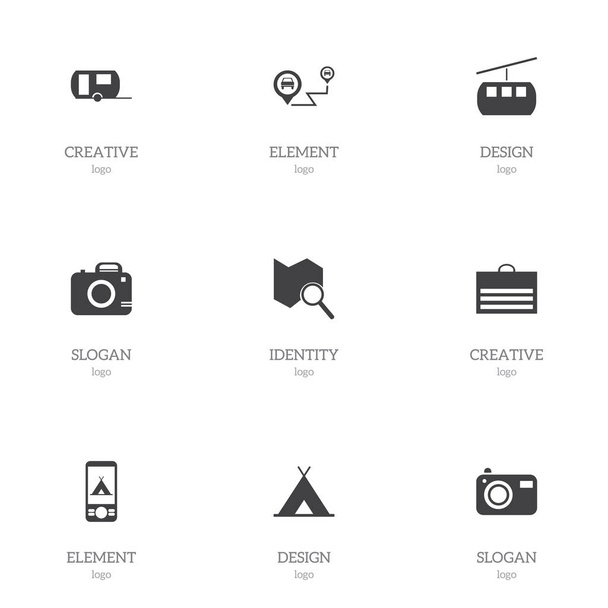 Set de 9 iconos de viaje editables. Incluye símbolos como acampar, búsqueda de posición, cámara fotográfica y más. Puede ser utilizado para el diseño de la tela, móvil, interfaz de usuario e infografía
. - Vector, Imagen
