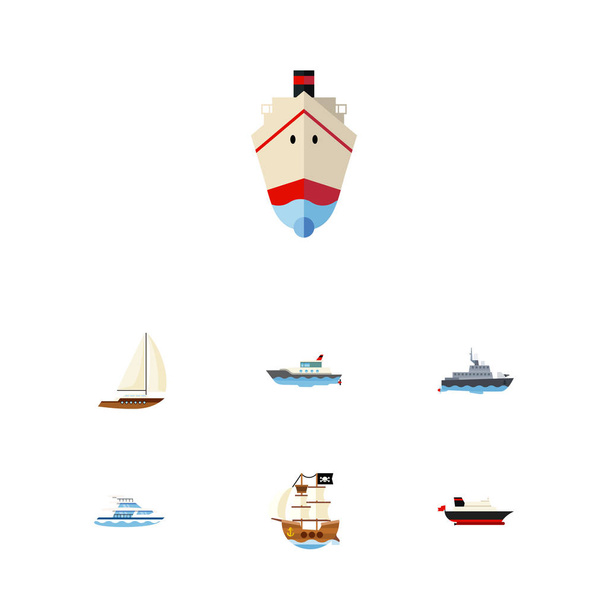 Płaskie ikona łodzi zestaw dostawy, statek, żaglówka i innych obiektów wektorowych. Obejmuje również statek, statek, elementów ładunku. - Wektor, obraz
