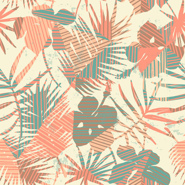 Seamless exotic pattern with tropical plants and geometric background. - Vektori, kuva
