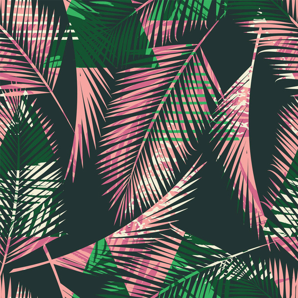 Seamless exotic pattern with tropical plants and geometric background. - Вектор, зображення