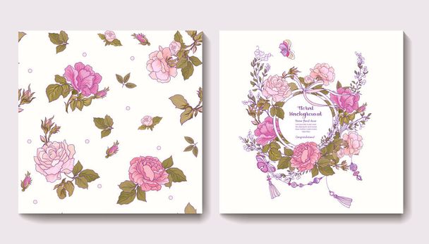 Σύνολο απρόσκοπτη μοτίβα με ροδαλά λουλούδια και γενεθλίων ευχετήρια - Διάνυσμα, εικόνα