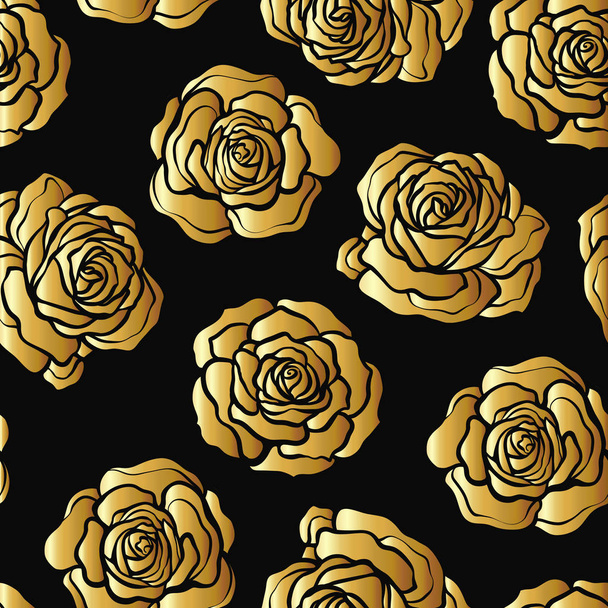 Rose flower seamless pattern. Gold roses on black background. St - Вектор,изображение