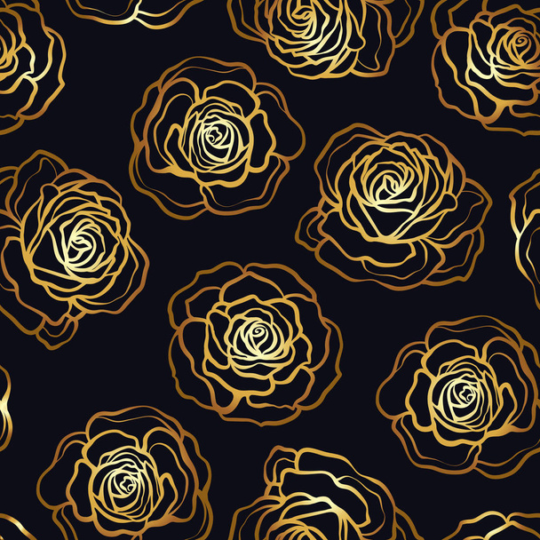 Rose flower seamless pattern. Gold roses on black background. St - Вектор, зображення