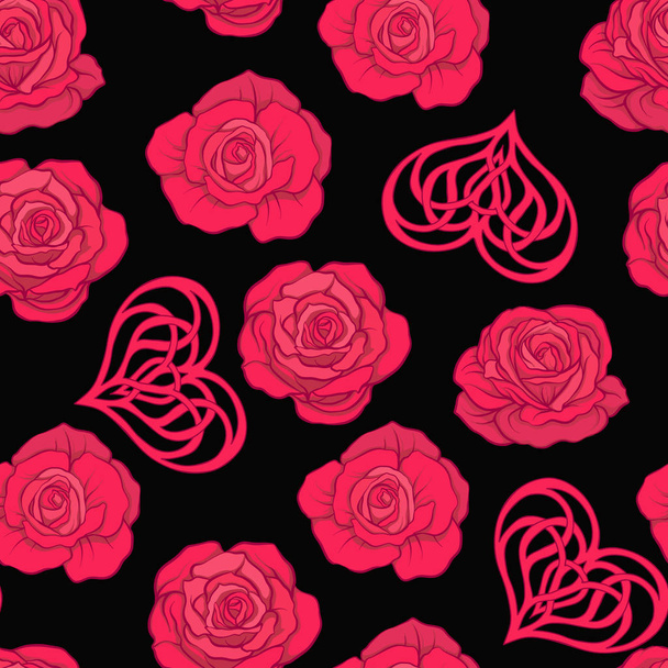 Seamless pattern with red roses and love heart on black backgrou - Vetor, Imagem
