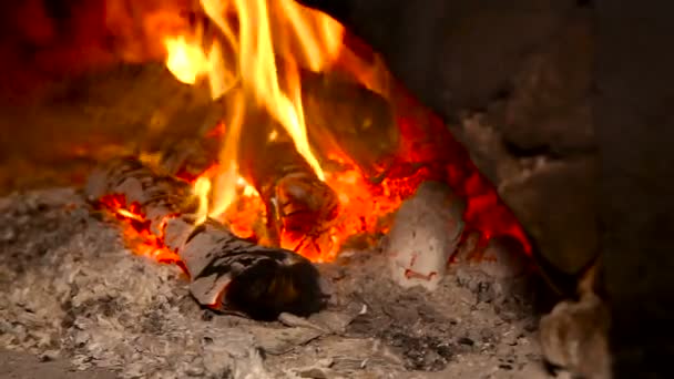 Het brandhout brandt in het dorp kachel. Close-up - Video