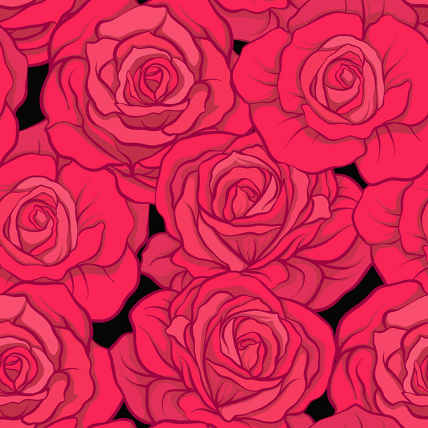 Seamless pattern with red roses on black background. Stock vecto - ベクター画像